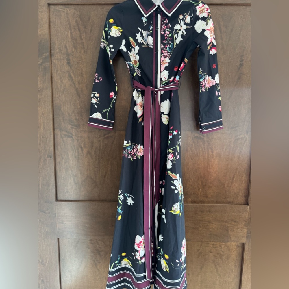 Floral Long Sleeve Maxi Shirt Dress with Belt - Black/Multi